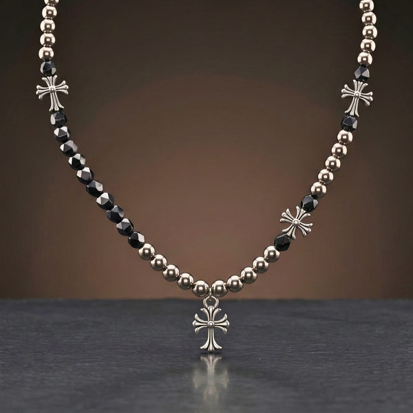 IRON NOIR CROSS - 13mm Titanium Steel Pendant with Stylish Pearl Necklace 18 to 20inch 7mm Adjustable Cable Chain for Men & Boys