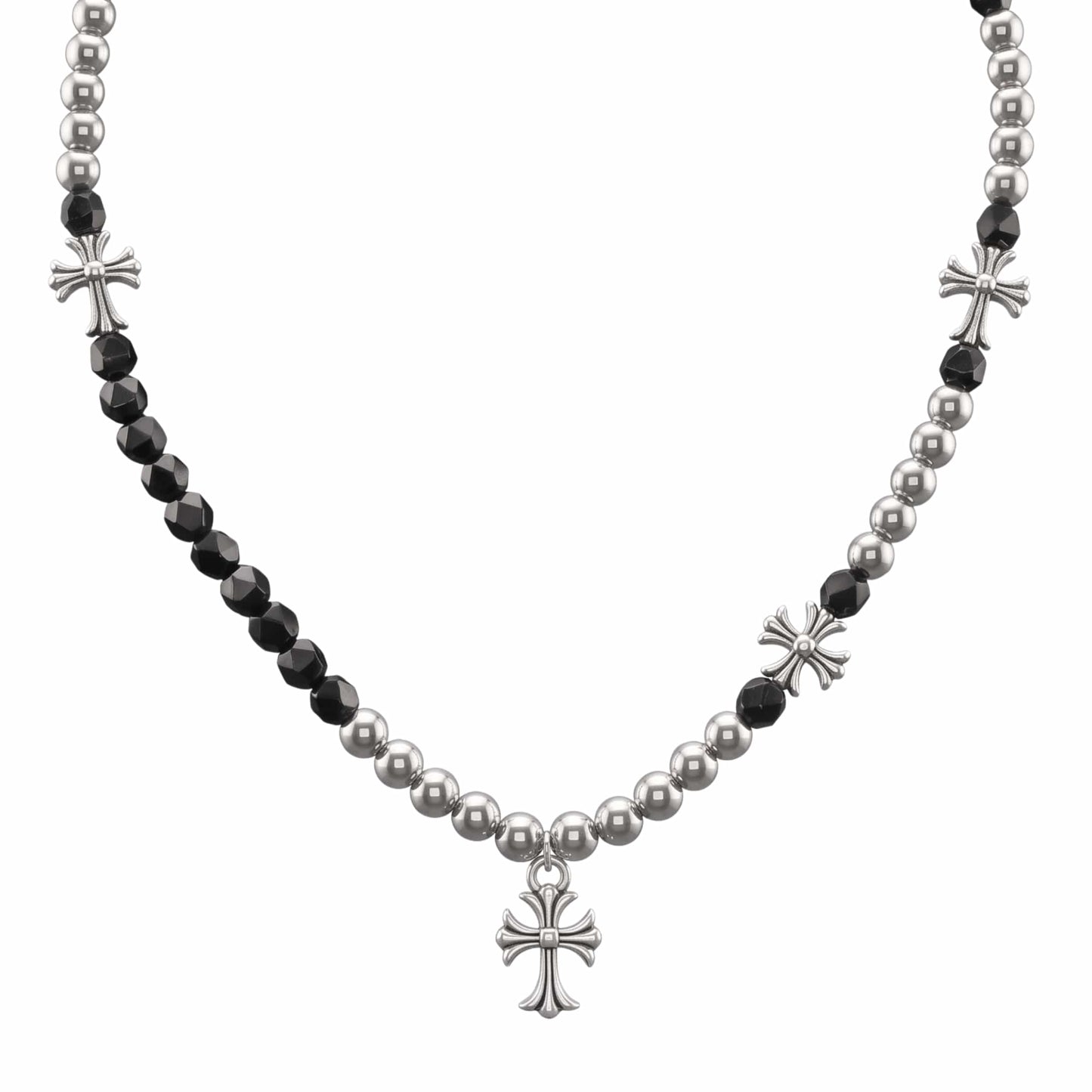 titanium steel cross necklace for men featuring silver and black beads with ornamental cross pendants