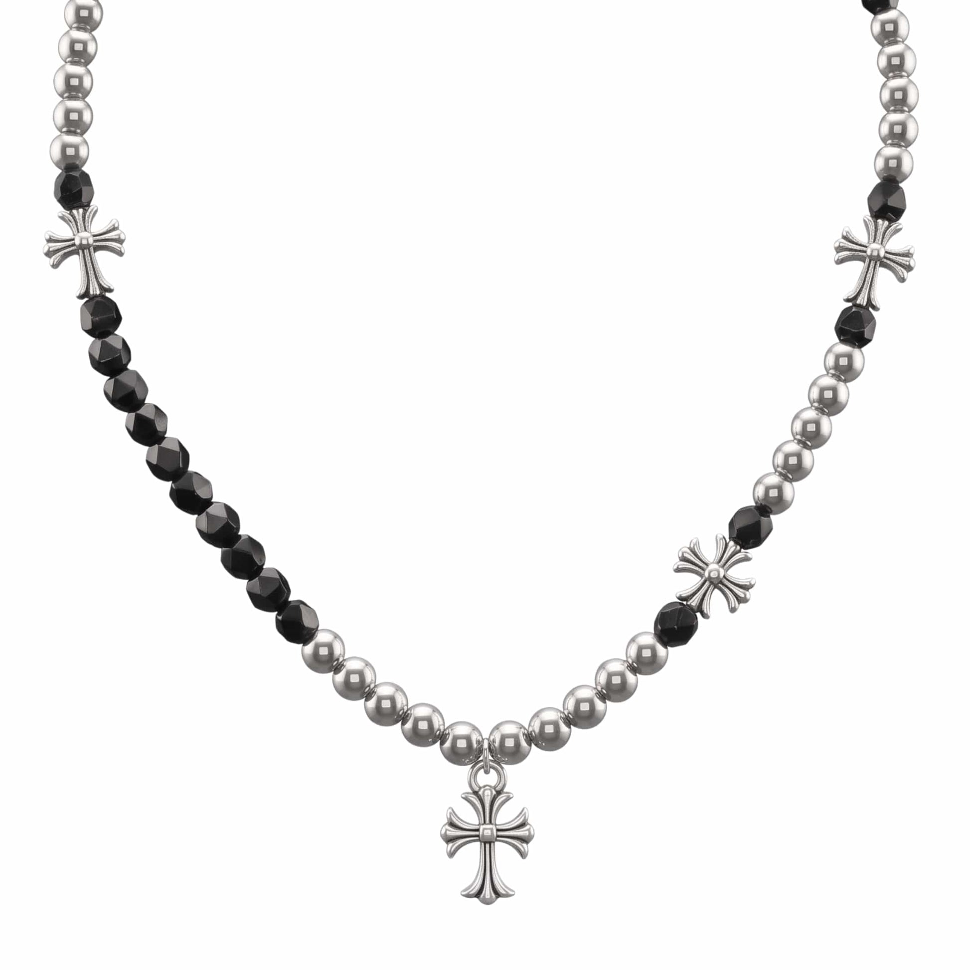 titanium steel cross necklace for men featuring silver and black beads with ornamental cross pendants