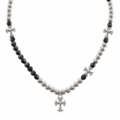 titanium steel cross necklace for men featuring silver and black beads with ornamental cross pendants