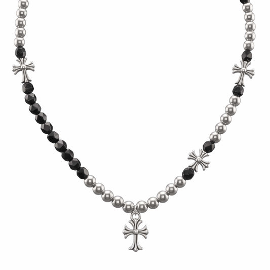 titanium steel cross necklace for men featuring silver and black beads with ornamental cross pendants