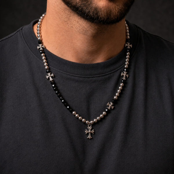 IRON NOIR CROSS - 13mm Titanium Steel Pendant with Stylish Pearl Necklace 18 to 20inch 7mm Adjustable Cable Chain for Men & Boys