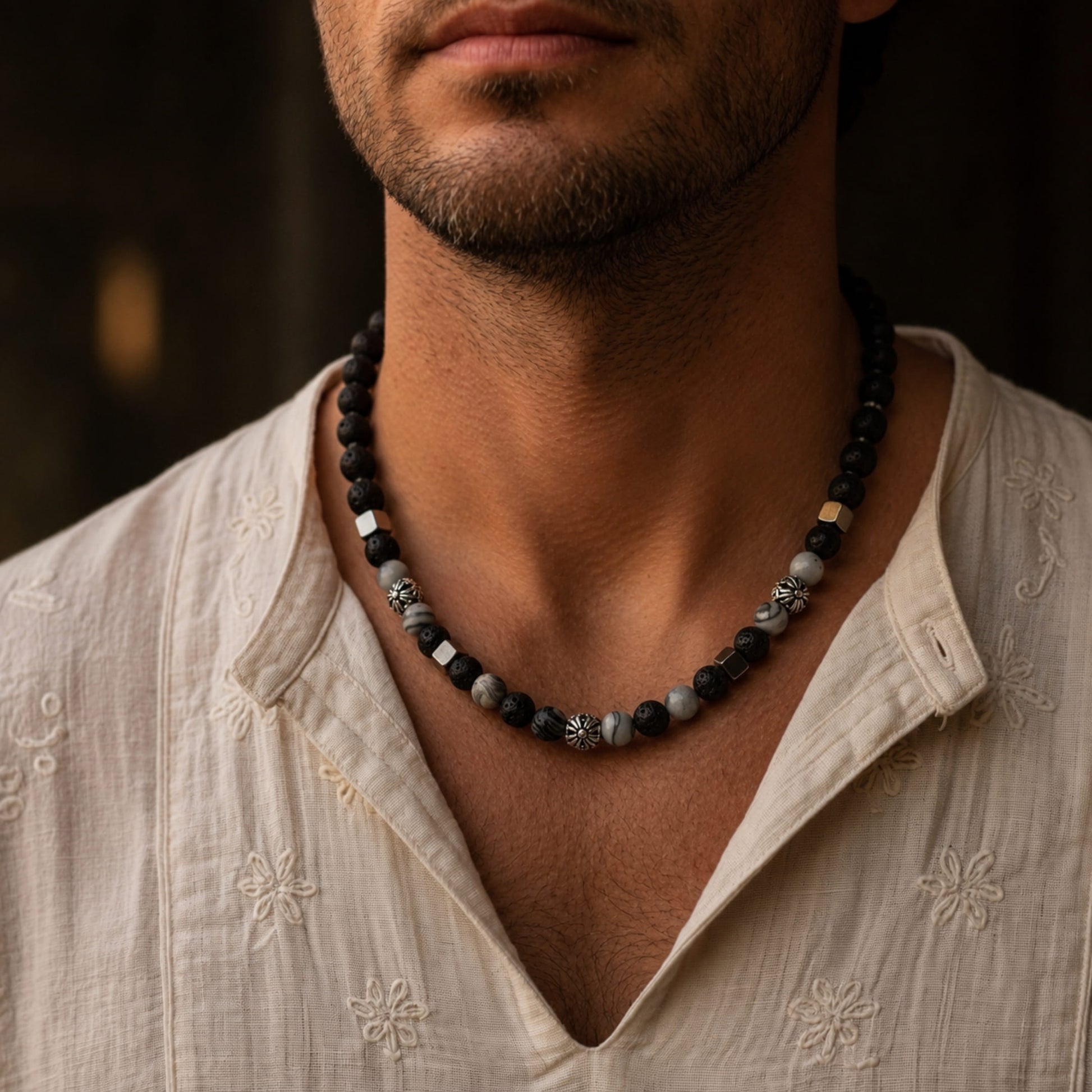THE MEN THING Pearl / Bead Necklace KAELIX - 8mm Beads Necklace with Natural Stone Mens & Boys (19-21 inch with adjustable cable chain)