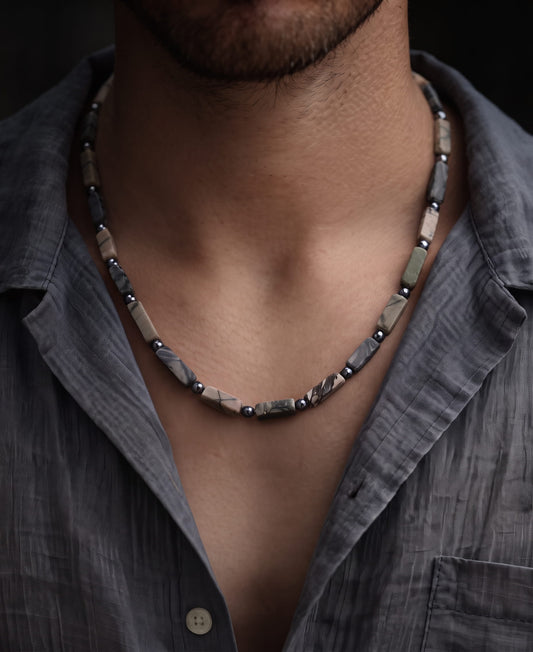 THE MEN THING Pearl / Bead Necklace MARBLIX - 5mm Beads Necklace with Natural Stone Mens & Boys (17-19 inch with adjustable cable chain)