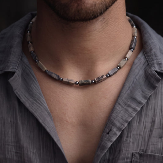 THE MEN THING Pearl / Bead Necklace MARBLIX - 5mm Beads Necklace with Natural Stone Mens & Boys (17-19 inch with adjustable cable chain)