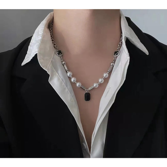 THE MEN THING Pearl / Bead Necklace NOIR PEARL - 11mm Titanium Steel Pendant with 18 to 20inch Adjustable Cable 8mm Chain for Men & Boys