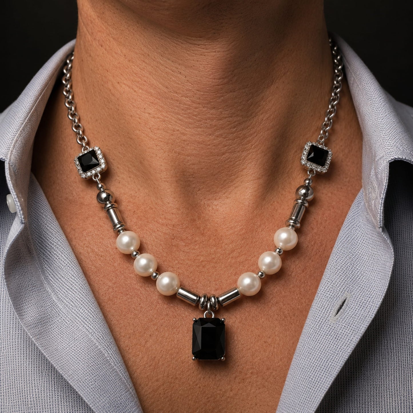 THE MEN THING Pearl / Bead Necklace NOIR PEARL - 11mm Titanium Steel Pendant with 18 to 20inch Adjustable Cable 8mm Chain for Men & Boys