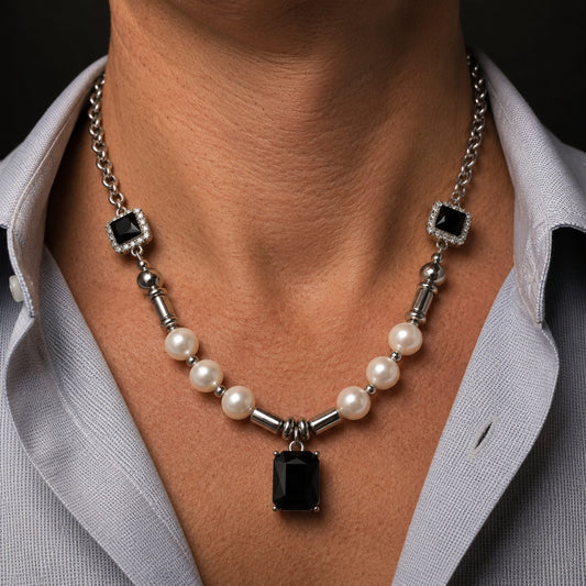 THE MEN THING Pearl / Bead Necklace NOIR PEARL - 11mm Titanium Steel Pendant with 18 to 20inch Adjustable Cable 8mm Chain for Men & Boys