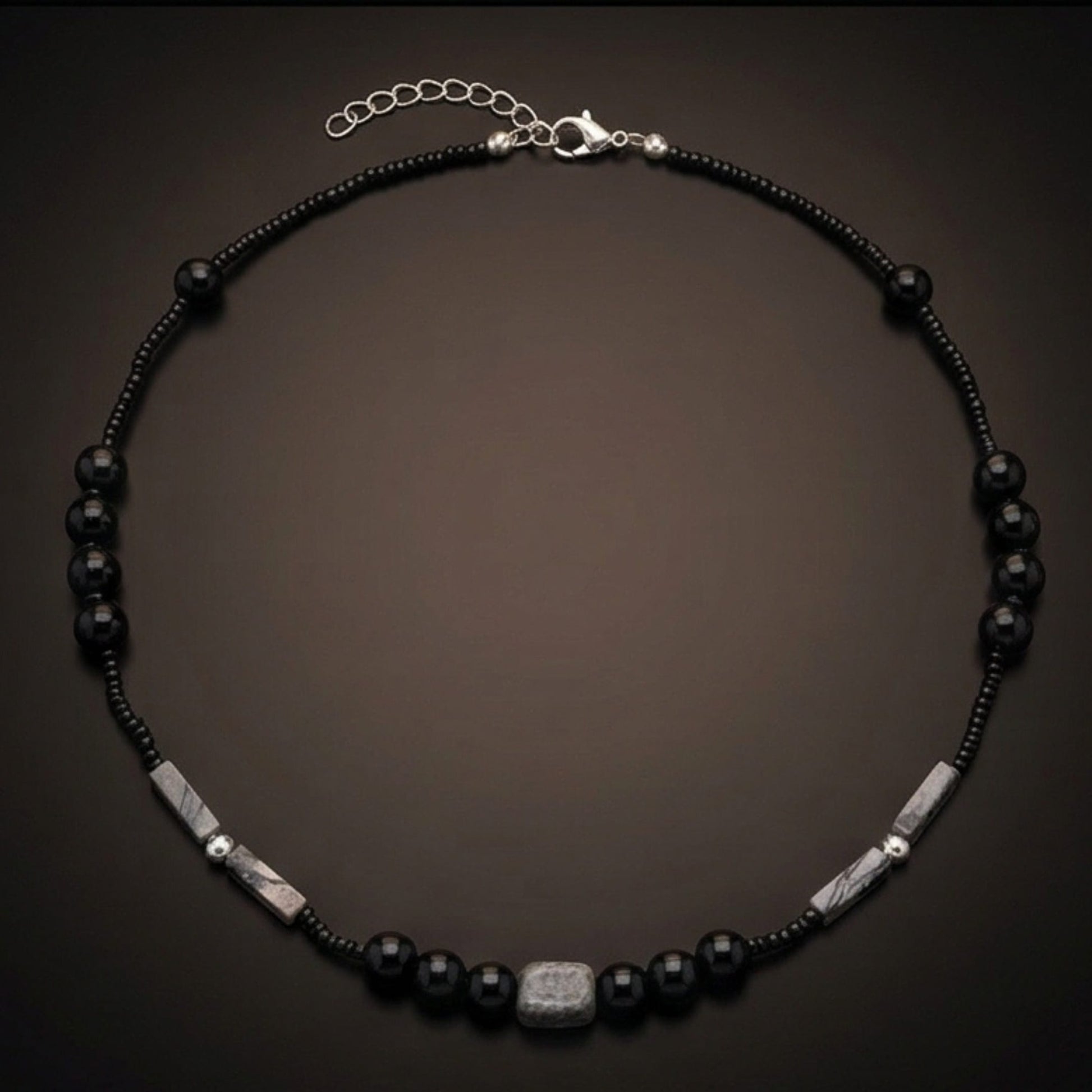 THE MEN THING Pearl / Bead Necklace NOIRYX - 9mm Beads Necklace with Natural Stone Mens & Boys (20-22 inch with adjustable cable chain)