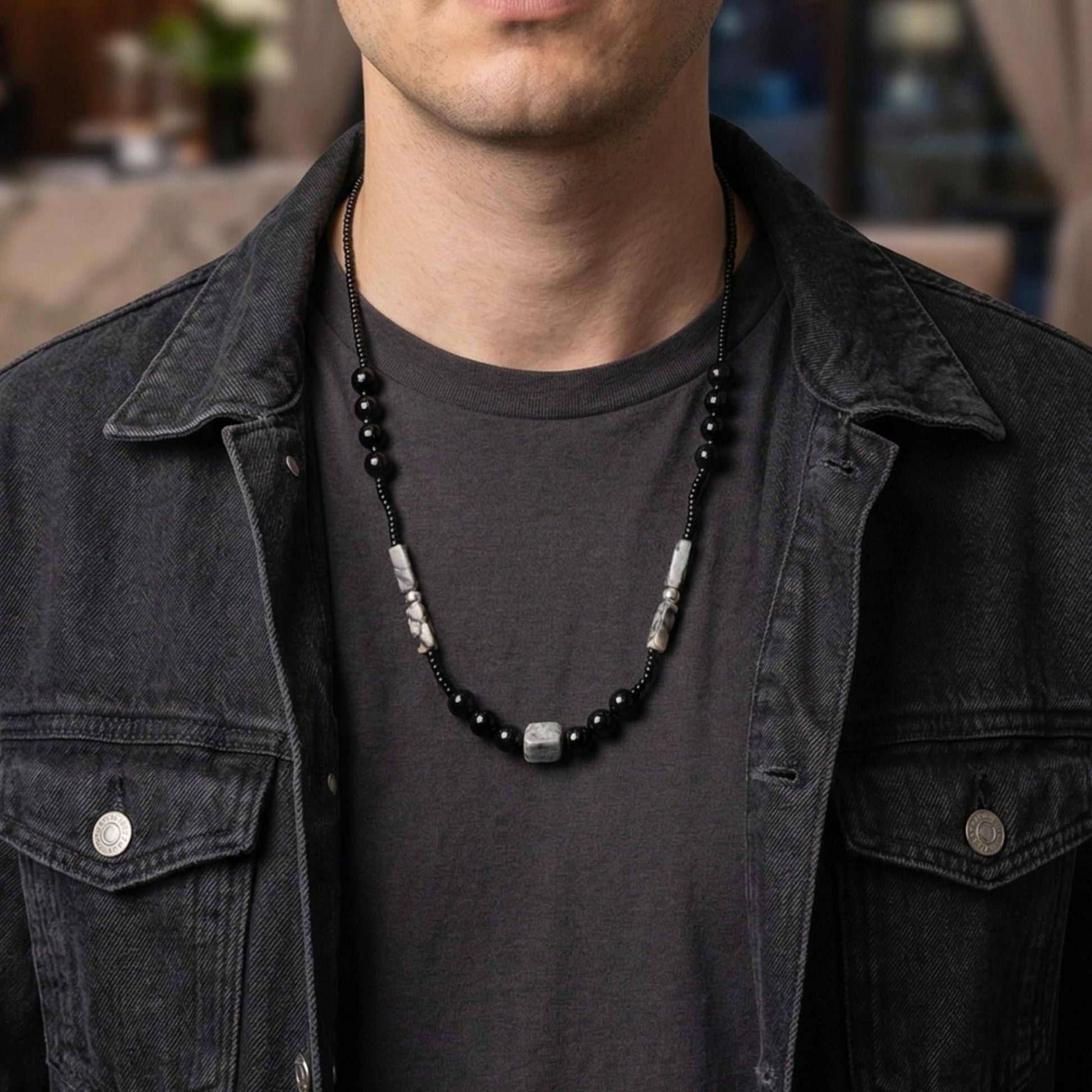 THE MEN THING Pearl / Bead Necklace NOIRYX - 9mm Beads Necklace with Natural Stone Mens & Boys (20-22 inch with adjustable cable chain)