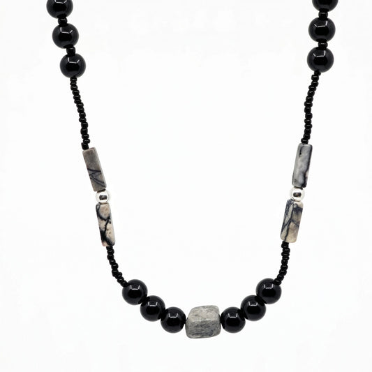 THE MEN THING Pearl / Bead Necklace NOIRYX - 9mm Beads Necklace with Natural Stone Mens & Boys (20-22 inch with adjustable cable chain)