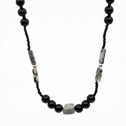 THE MEN THING Pearl / Bead Necklace NOIRYX - 9mm Beads Necklace with Natural Stone Mens & Boys (20-22 inch with adjustable cable chain)
