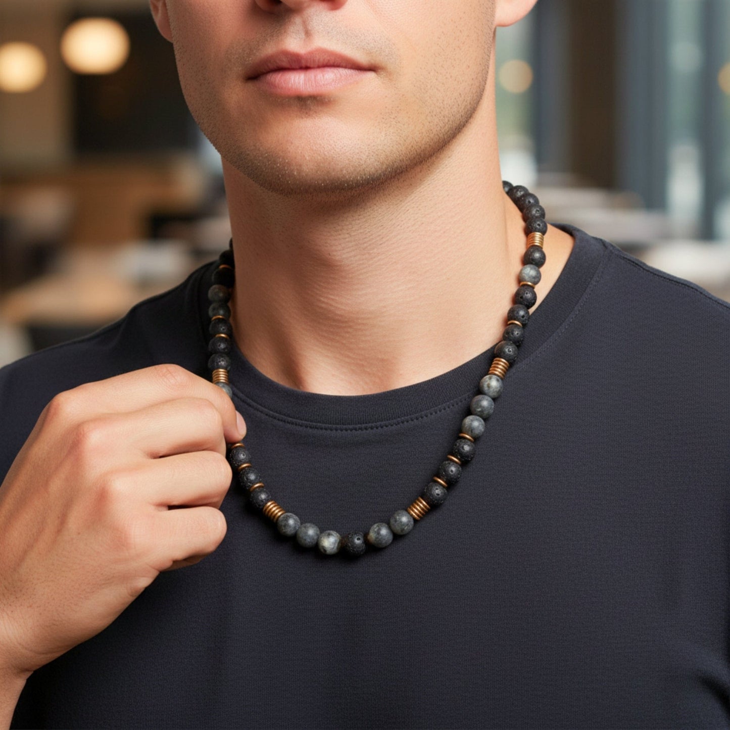 THE MEN THING Pearl / Bead Necklace OBSIDIAN FORGE - 10 mm Beaded Necklace for Men and Boys 22 inch