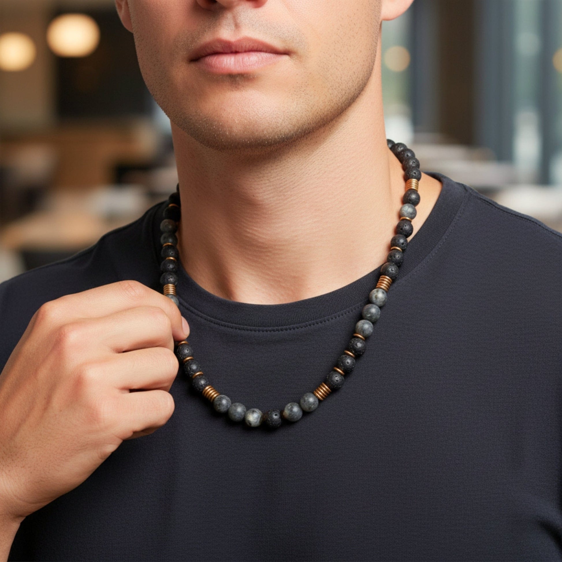 THE MEN THING Pearl / Bead Necklace OBSIDIAN FORGE - 10 mm Beaded Necklace for Men and Boys 22 inch