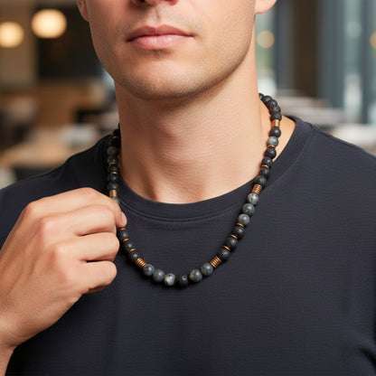 THE MEN THING Pearl / Bead Necklace OBSIDIAN FORGE - 10 mm Beaded Necklace for Men and Boys 22 inch