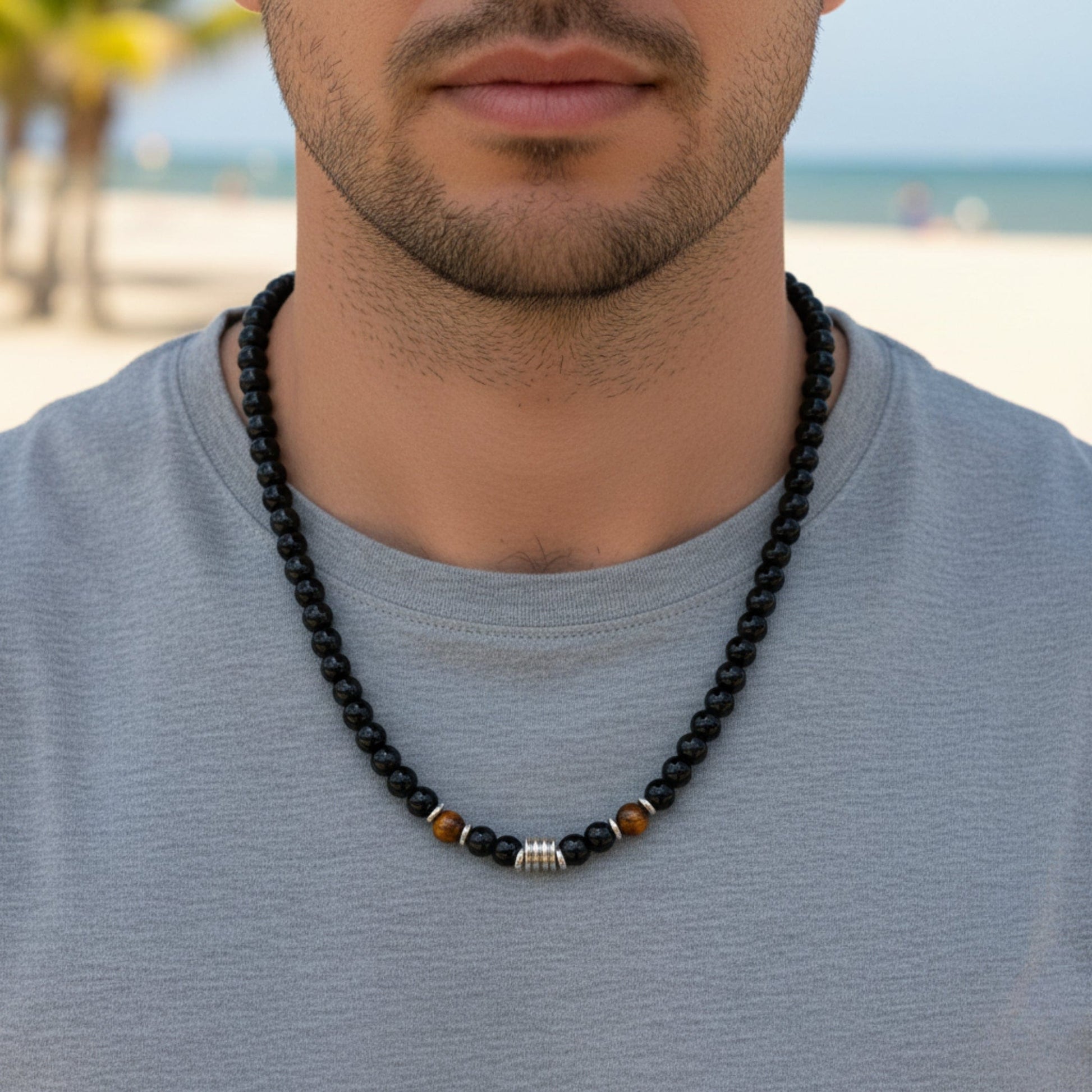 THE MEN THING Pearl / Bead Necklace ONYX FUSION - 7 mm Beaded Necklace for Men and Boys 22 inch