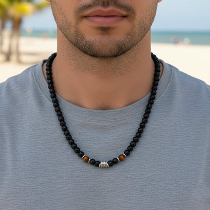 THE MEN THING Pearl / Bead Necklace ONYX FUSION - 7 mm Beaded Necklace for Men and Boys 22 inch
