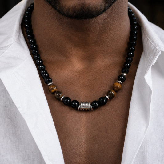 THE MEN THING Pearl / Bead Necklace ONYX FUSION - 7 mm Beaded Necklace for Men and Boys 22 inch