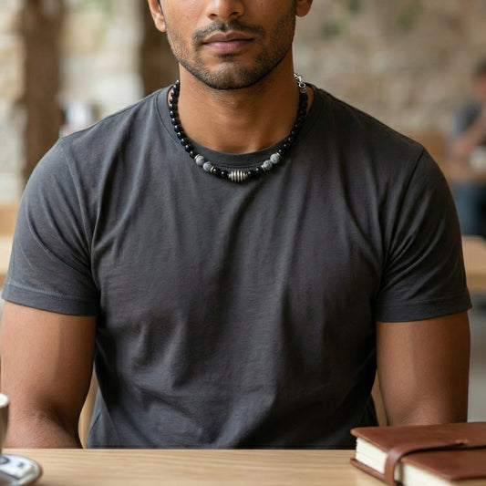 THE MEN THING Pearl / Bead Necklace ONYX FUSION - GREY - 8 mm Beaded Necklace for Men and Boys 18 inch