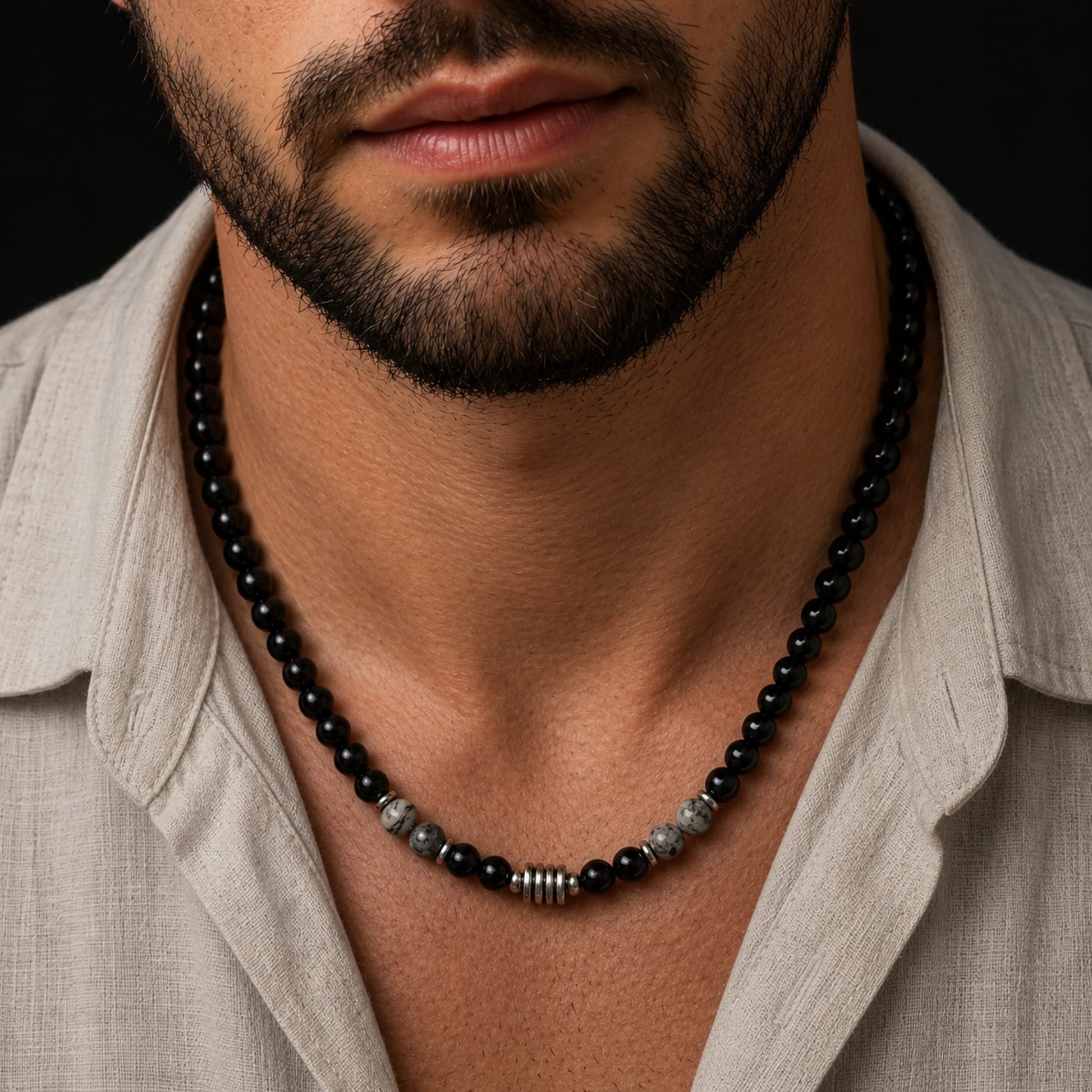 THE MEN THING Pearl / Bead Necklace ONYX FUSION - GREY - 8 mm Beaded Necklace for Men and Boys 18 inch