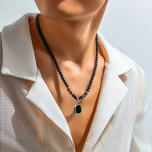 THE MEN THING Pearl / Bead Necklace ONYX TIGER EDGE - 7mm Pendant with 19 to 21inch Adjustable Beaded 7mm Necklace for Men and Boys