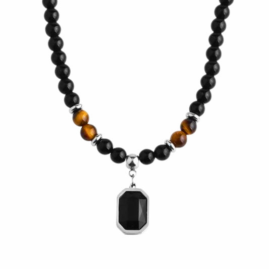 THE MEN THING Pearl / Bead Necklace ONYX TIGER EDGE - 7mm Pendant with 19 to 21inch Adjustable Beaded 7mm Necklace for Men and Boys