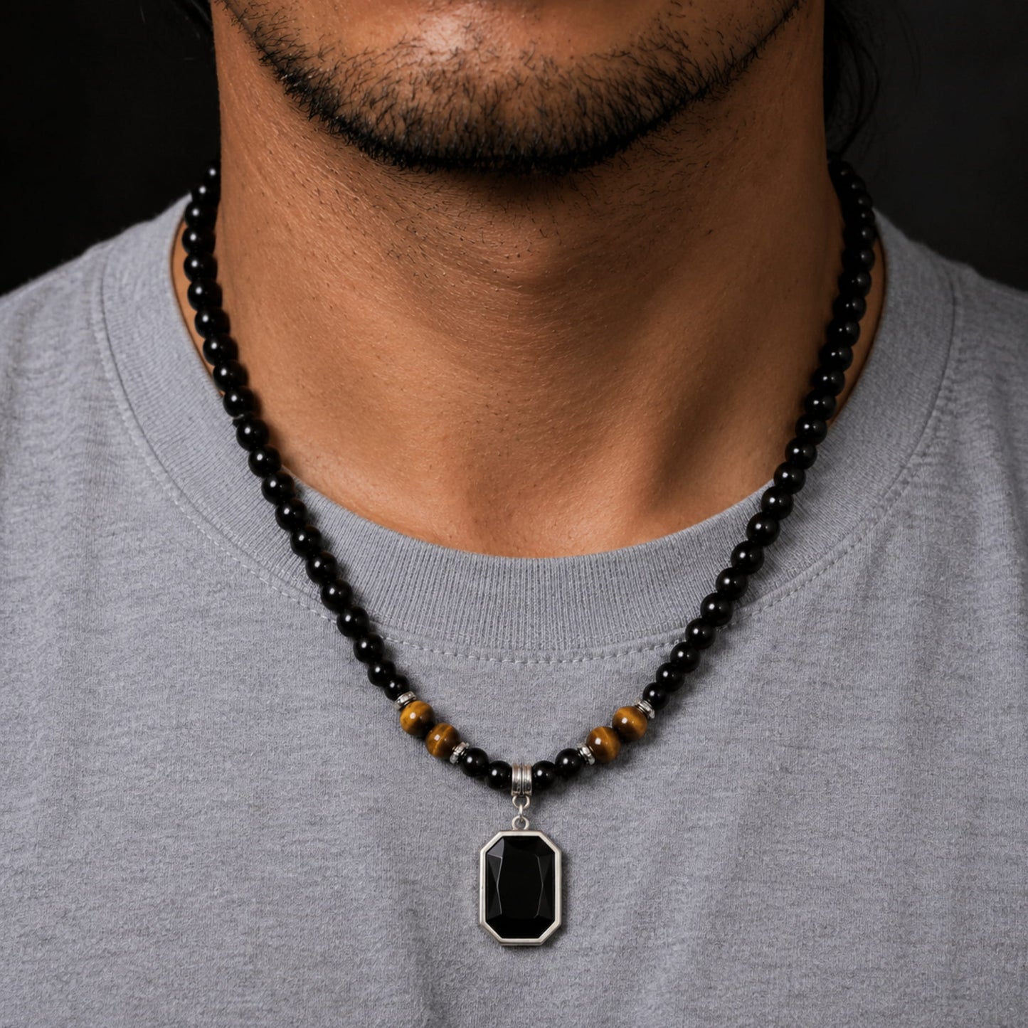 THE MEN THING Pearl / Bead Necklace ONYX TIGER EDGE - 7mm Pendant with 19 to 21inch Adjustable Beaded 7mm Necklace for Men and Boys