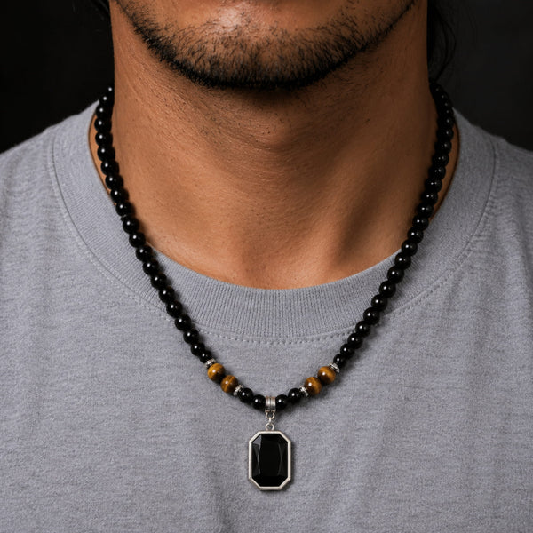 ONYX TIGER EDGE - 7mm Pendant with 19 to 21inch Adjustable Beaded 7mm Necklace for Men and Boys
