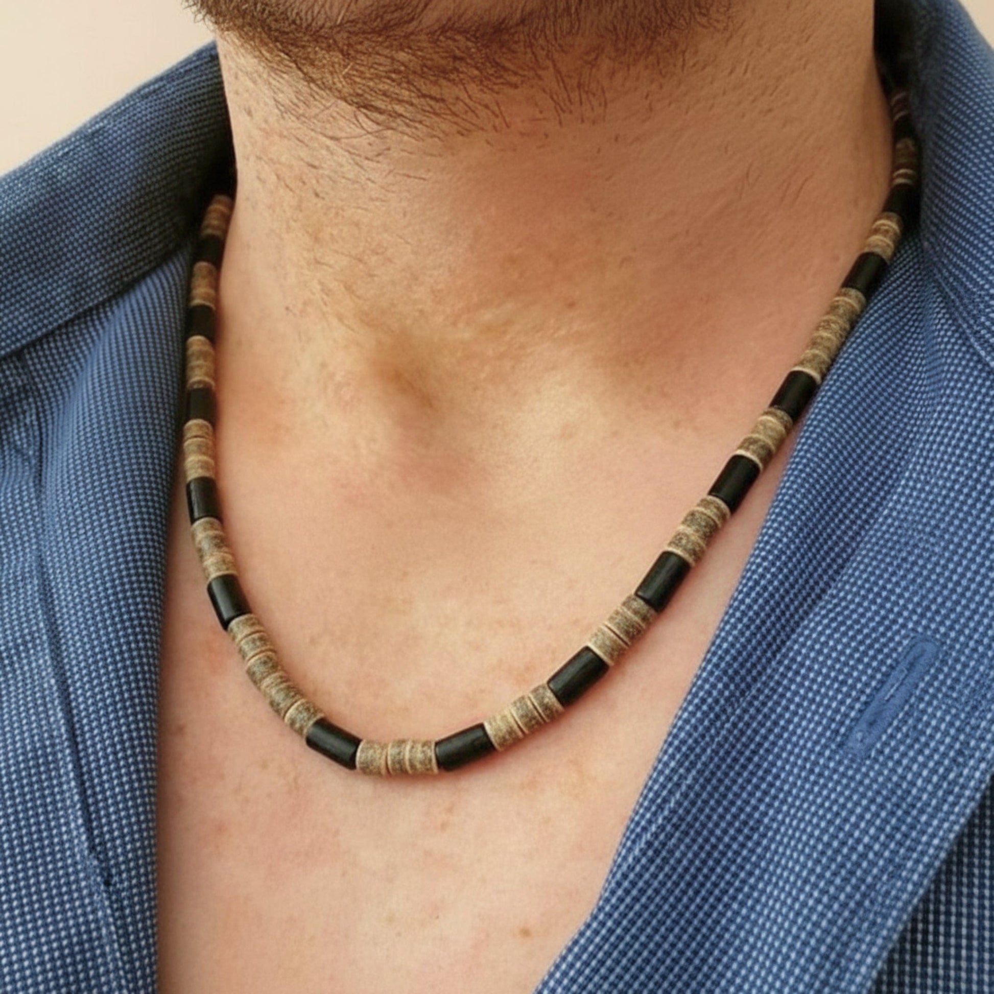 THE MEN THING Pearl / Bead Necklace ONYX TIMBER - 8 mm Beaded Necklace for Men and Boys (20 inches with adjustable cable chain)