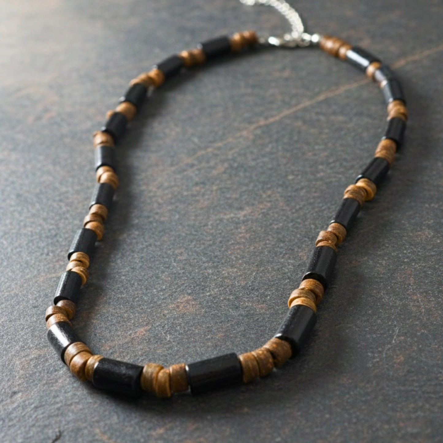 THE MEN THING Pearl / Bead Necklace ONYX TIMBER - 8 mm Beaded Necklace for Men and Boys (20 inches with adjustable cable chain)