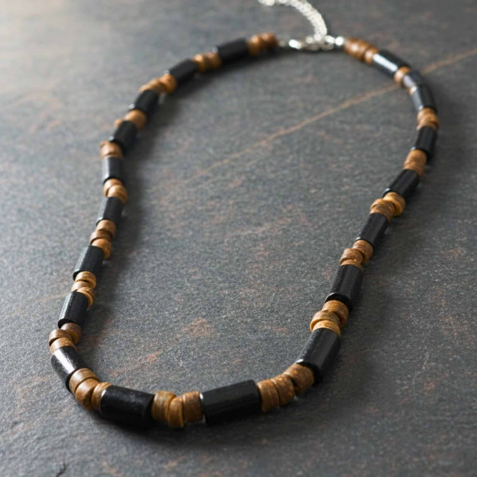 THE MEN THING Pearl / Bead Necklace ONYX TIMBER - 8 mm Beaded Necklace for Men and Boys (20 inches with adjustable cable chain)