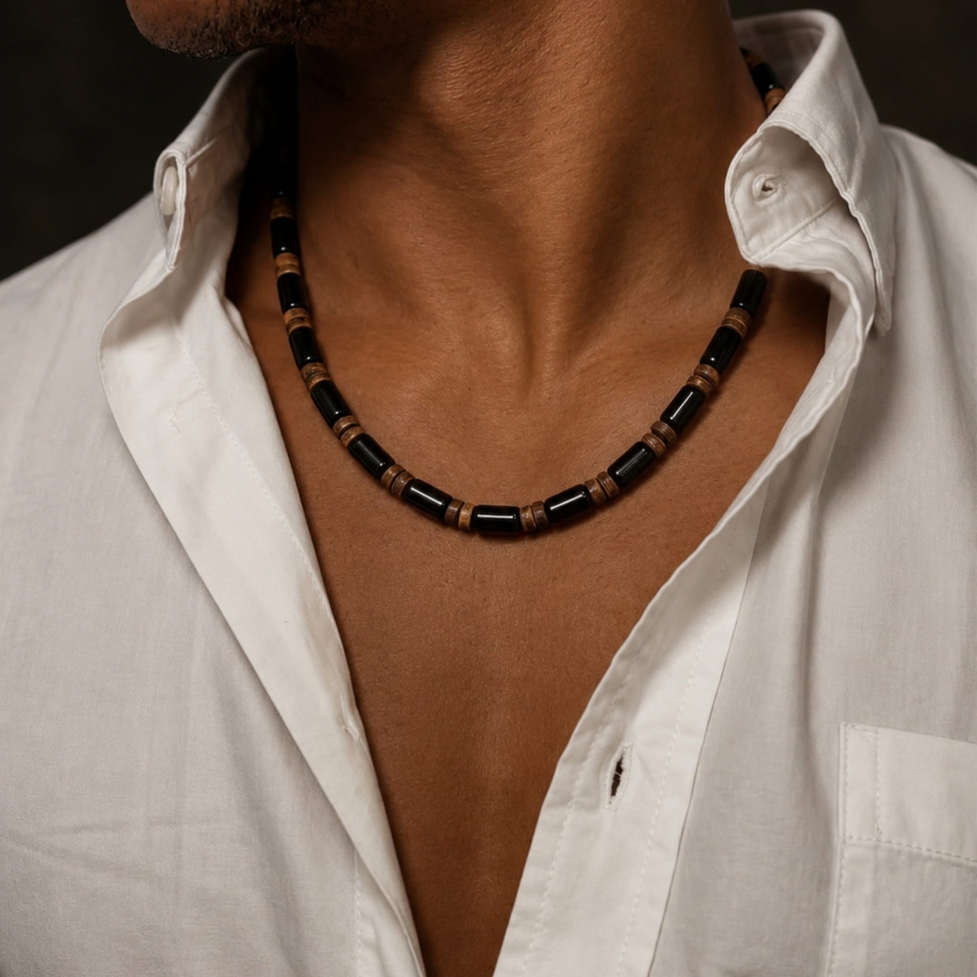 THE MEN THING Pearl / Bead Necklace ONYX TIMBER - 8 mm Beaded Necklace for Men and Boys (20 inches with adjustable cable chain)