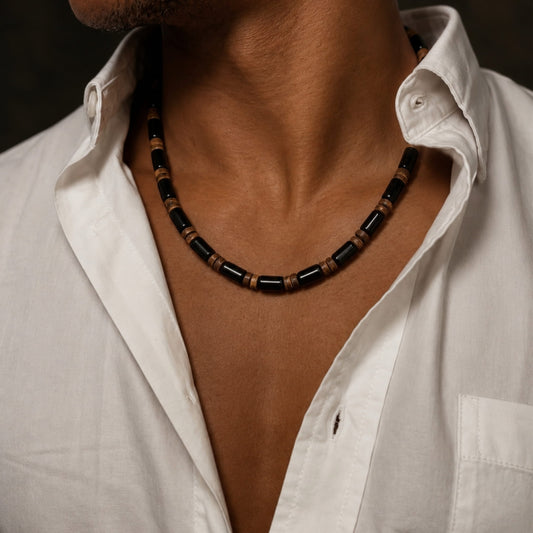 THE MEN THING Pearl / Bead Necklace ONYX TIMBER - 8 mm Beaded Necklace for Men and Boys (20 inches with adjustable cable chain)