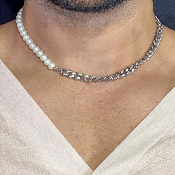 ओपुलेंट ऑर्बिट - पुरुषों और लड़कों के लिए क्यूबन चेन फ्यूजन नेकलेस के साथ स्टाइलिश पर्ल नेकलेस (17 इंच)