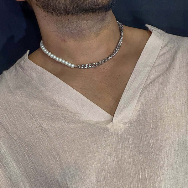 ओपुलेंट ऑर्बिट - पुरुषों और लड़कों के लिए क्यूबन चेन फ्यूजन नेकलेस के साथ स्टाइलिश पर्ल नेकलेस (17 इंच)