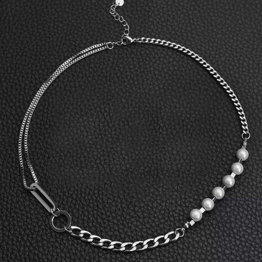 THE MEN THING Pearl / Bead Necklace PEARL RUGGED - Pure Titanium Steel Necklace with 23 inch Cuban Chain for Men & Boys