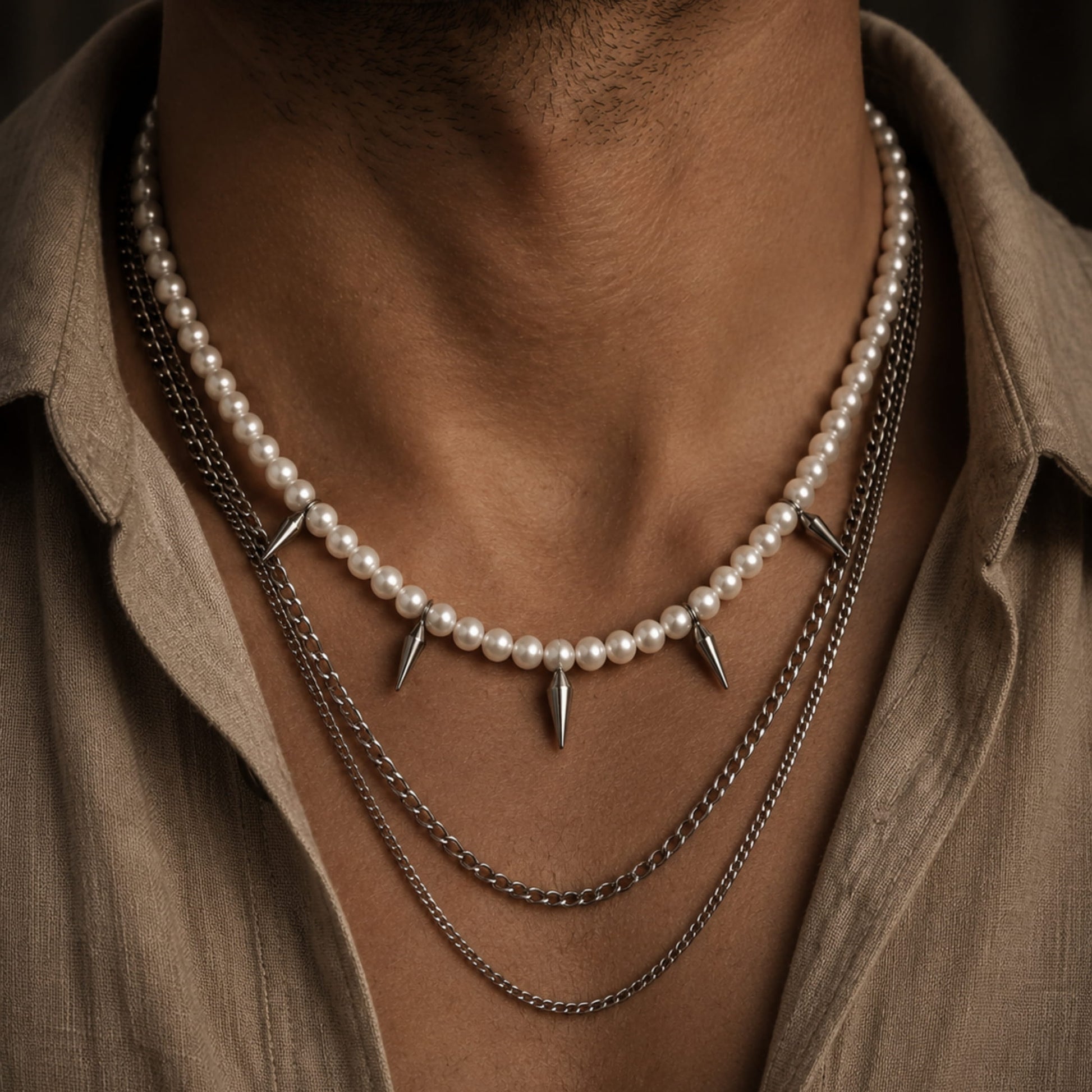 THE MEN THING Pearl / Bead Necklace PRISMATIC PEARL ARMORY -  Pearl Necklace with Man Stainless Steel Cuban Chain Spikes Pendant Necklace for Men & Boys  (18 - 21 Inch)