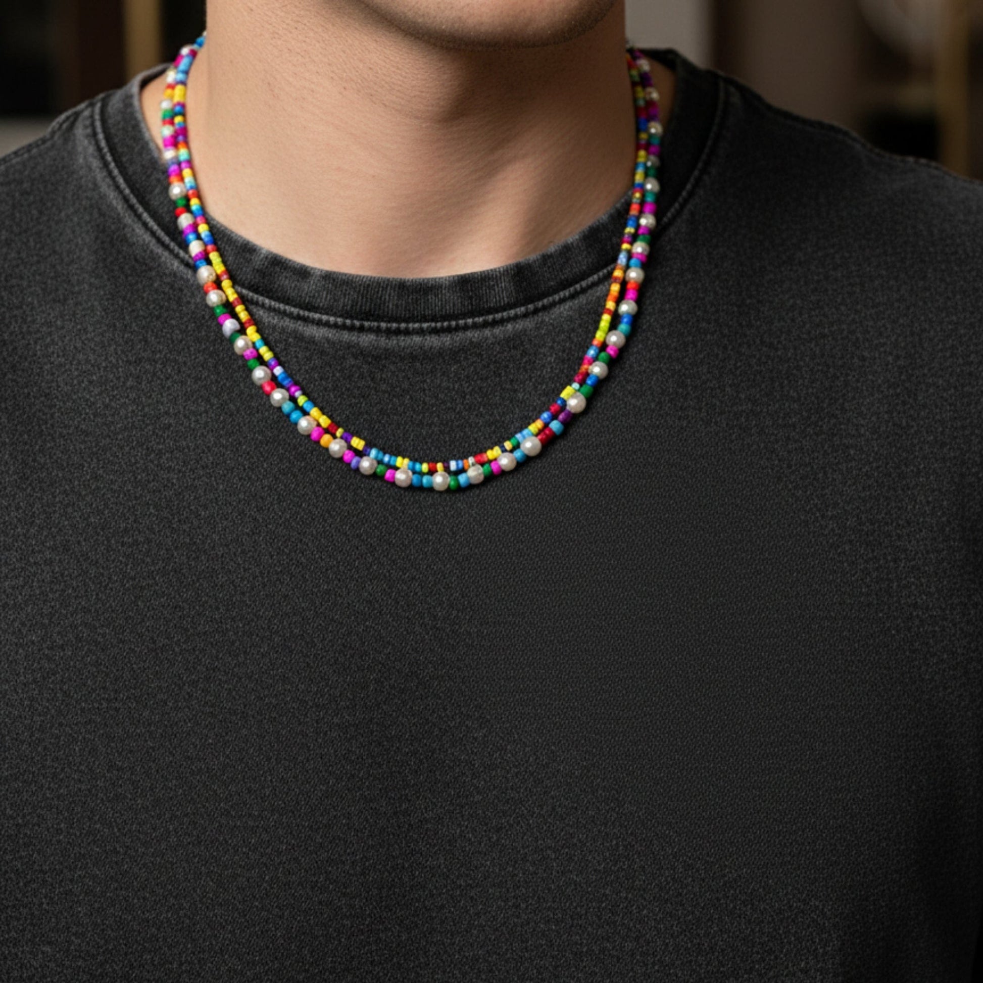 THE MEN THING Pearl / Bead Necklace RAINBOW BLISS - Multi-Layer Beads Necklace for Men & Boys (20 inch)