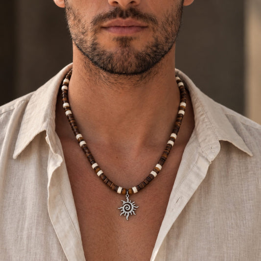 THE MEN THING Pearl / Bead Necklace SUN SPIRAL- DARK BROWN - Seed Beaded Necklace for Men and Boys (20 to 22 inches with adjustable cable chain)