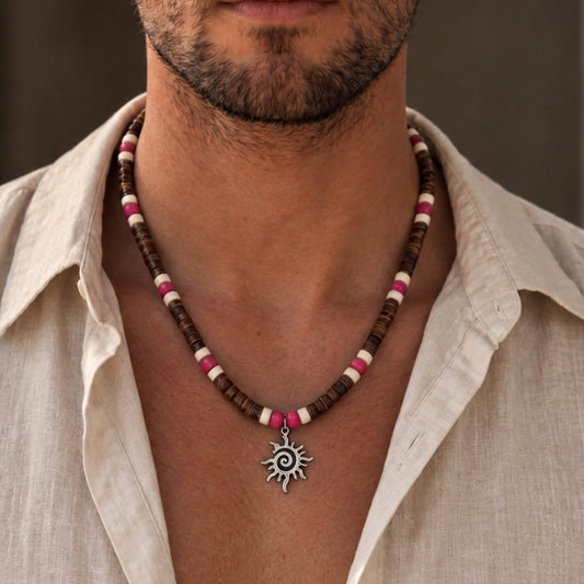 THE MEN THING Pearl / Bead Necklace SUN SPIRAL- HOT PINK - Seed Beaded Necklace for Men and Boys (20 to 22 inches with adjustable cable chain)