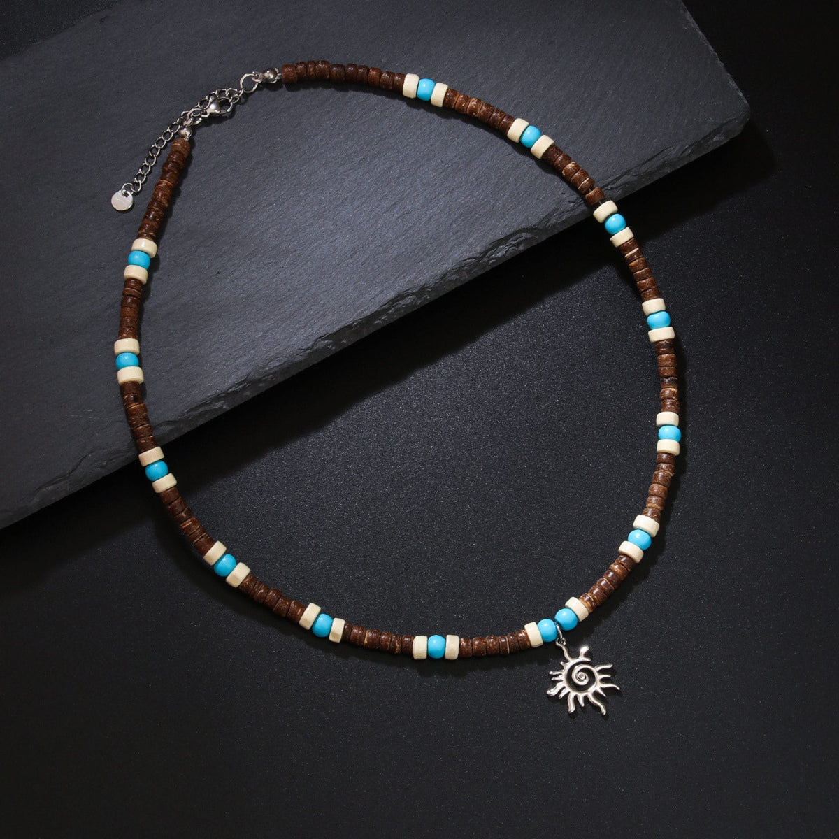 THE MEN THING Pearl / Bead Necklace SUN SPIRAL- TURQUOISE BLUE- Seed Beaded Necklace for Men and Boys (20 to 22 inches with adjustable cable chain)