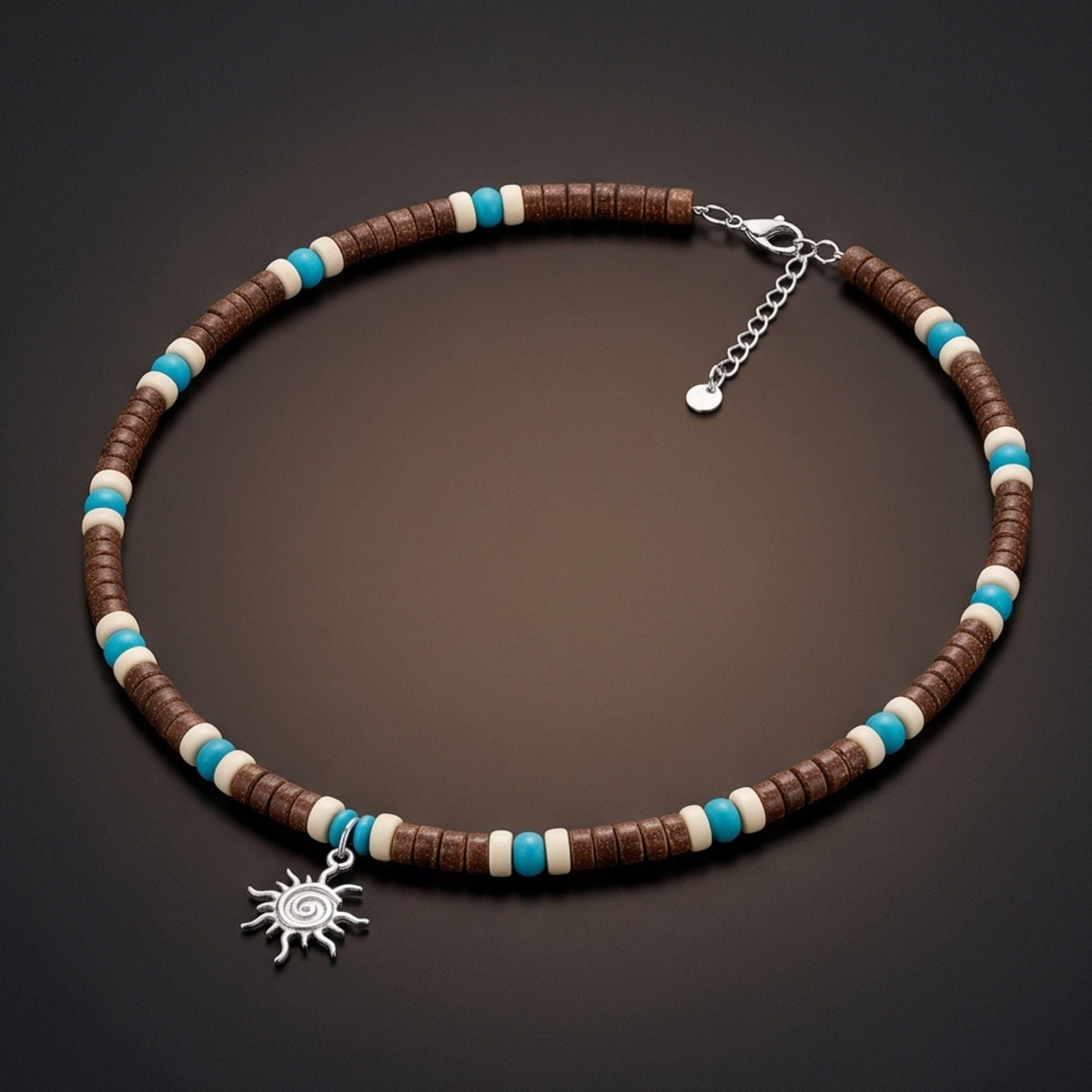 THE MEN THING Pearl / Bead Necklace SUN SPIRAL- TURQUOISE BLUE- Seed Beaded Necklace for Men and Boys (20 to 22 inches with adjustable cable chain)