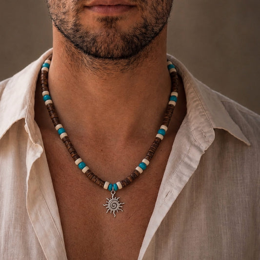 THE MEN THING Pearl / Bead Necklace SUN SPIRAL- TURQUOISE BLUE- Seed Beaded Necklace for Men and Boys (20 to 22 inches with adjustable cable chain)