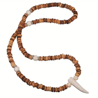 THE MEN THING Pearl / Bead Necklace TRIBAL COCONUT WHITE HORN - Beaded Necklace with stone beads Horn Tooth Pendants for Mens & Boys (24 inch)