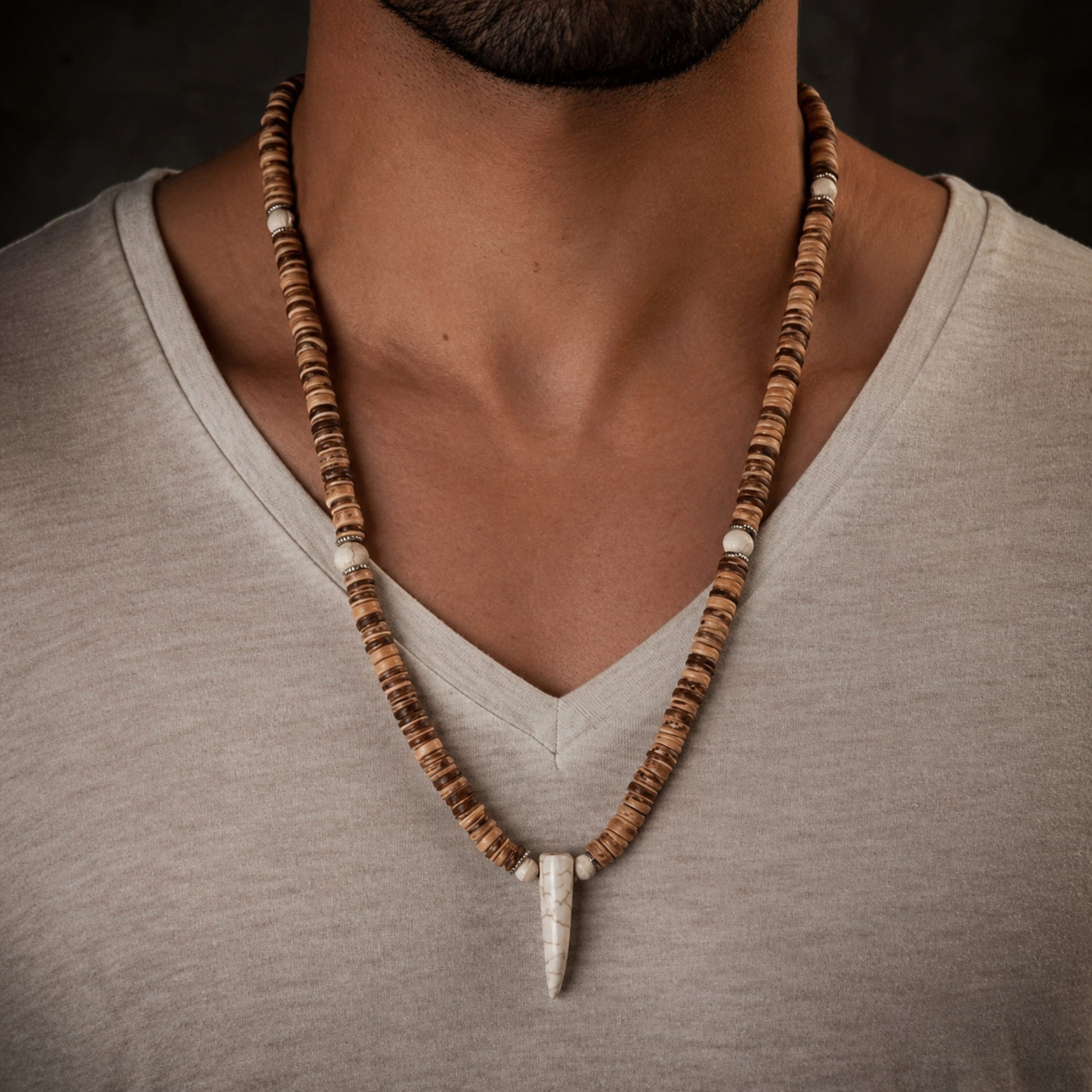 THE MEN THING Pearl / Bead Necklace TRIBAL COCONUT WHITE HORN - Beaded Necklace with stone beads Horn Tooth Pendants for Mens & Boys (24 inch)
