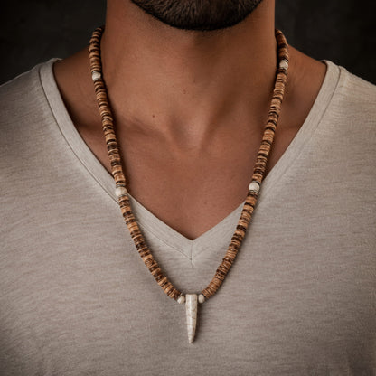 THE MEN THING Pearl / Bead Necklace TRIBAL COCONUT WHITE HORN - Beaded Necklace with stone beads Horn Tooth Pendants for Mens & Boys (24 inch)
