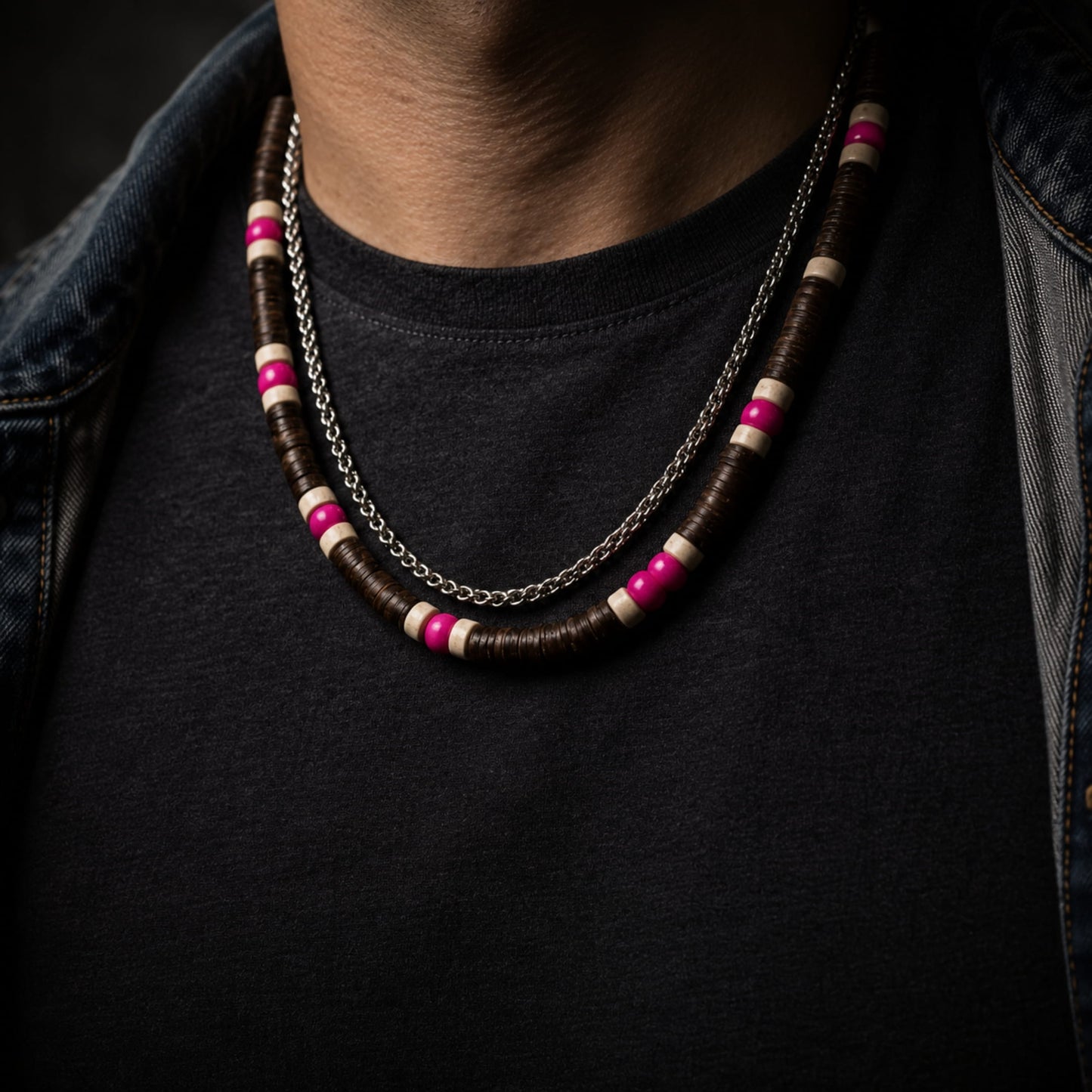 THE MEN THING Pearl / Bead Necklace TRIBAL DRIFT - Natural Wood Beaded Necklace with Twisted Steel Chain for Mens & Boys (20 and 22 inch with adjustable cable chain)