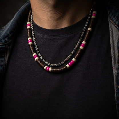 THE MEN THING Pearl / Bead Necklace TRIBAL DRIFT - Natural Wood Beaded Necklace with Twisted Steel Chain for Mens & Boys (20 and 22 inch with adjustable cable chain)