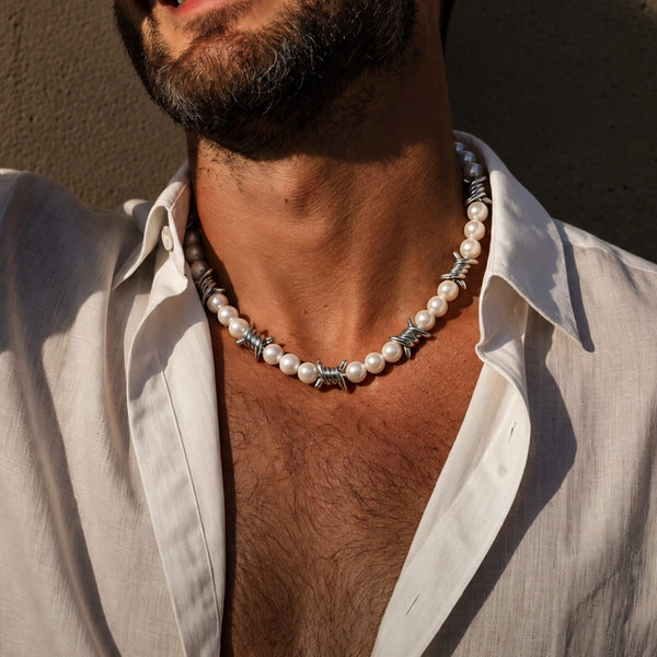 TWISTED KNOT - Italian Styled Pearl with Twist Metal Knot Choker Necklaces for men and boys (20 Inch)