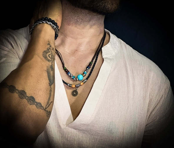 VINTAGE RETRO COIN -  Two-Layered Necklace With Wax Rope And Faux Adjustable Necklace For Men And Boys.